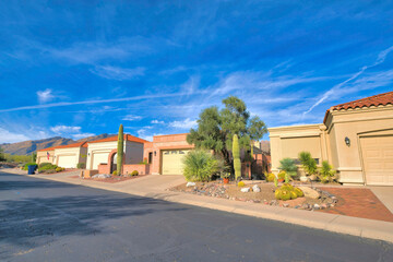 House garages exterior in a subdivision at Tucson, Arizona near the mountains - obrazy, fototapety, plakaty