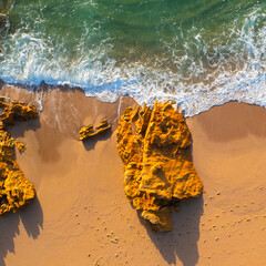 Beautiful landscape with sandy beach and big stones. Beautiful ocean beach with yellow sand, aerial view. Drone view of blue waves and sandy beach with stones.   Portugal. Top view. Drone photography