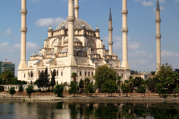 View of the Sabanci Mosque and the Seyhan River in the center of Adana in southern Turkey