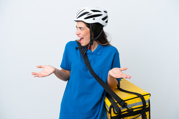 Young delivery woman with thermal backpack isolated on white background with surprise facial expression