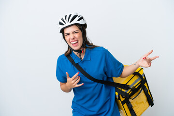 Young delivery woman with thermal backpack isolated on white background making guitar gesture