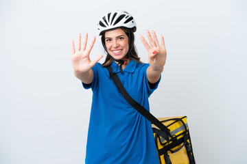 Young delivery woman with thermal backpack isolated on white background counting nine with fingers