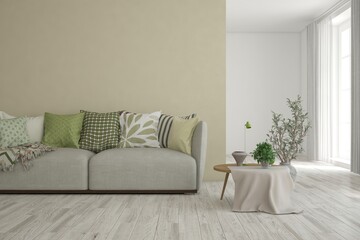 Fototapeta premium Soft color living room with sofa. Scandinavian interior design. 3D illustration