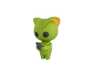 Green Monster character types text message on cell phone in 3d rendering.