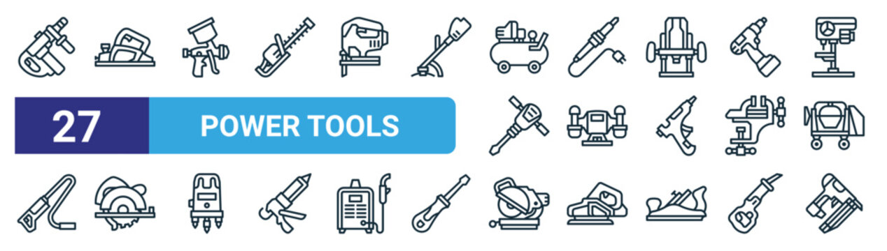 set of 27 outline web power tools icons such as driller, planer, paint spray, soldering iron, bench grinder, circular saw, mitre saw, nail gun vector thin line icons for web design, mobile app.