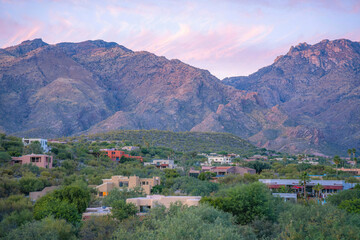Fototapeta premium Sloped residential area with wild shrubs and mediterranean houses at Tucson, Arizona