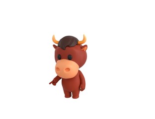 Little Bull character pointing to the ground in 3d rendering.