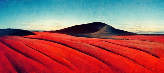Red desert dunes, arid dry landscape. desolate, unexplored - sand brown and deep saturated blue sky with a hint of clouds, Oil pastel stylized panoramic art background.