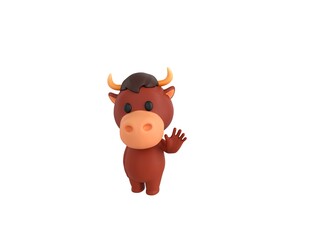 Little Bull character saying hi in 3d rendering.