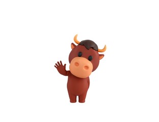 Little Bull character raising right hand in 3d rendering.