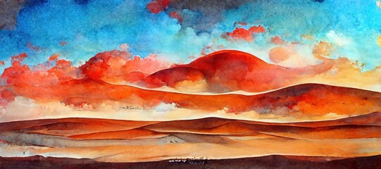 Sandstorm red watercolor style clouds, Sahara desert dunes arid dry landscape. desolate, unexplored - sand dark brown and deep saturated blue golden hour dusk sky, panoramic art background.