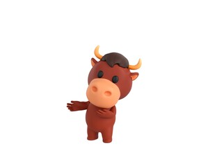 Little Bull character doing welcome gesture in 3d rendering.