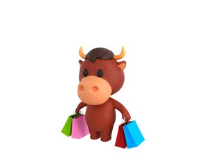 Little Bull character carrying colorful shopping bags in 3d rendering.