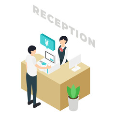 受付でレジを使う男性と女性スタッフ