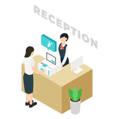 受付カウンターとセルフレジを使う女性