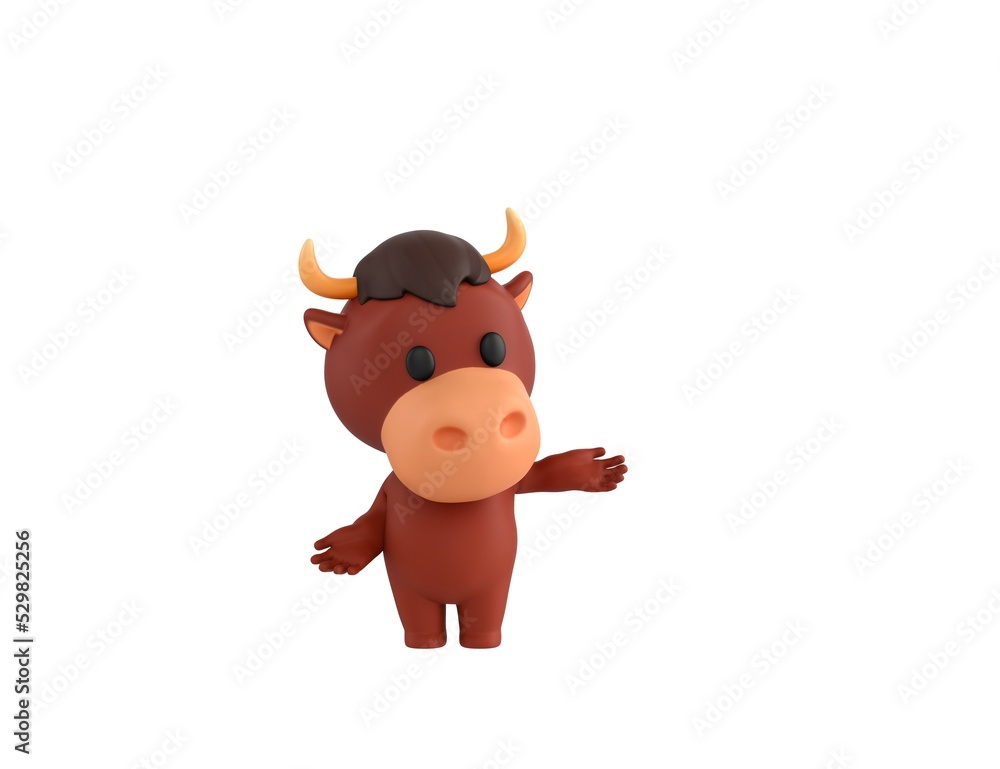 Poster little bull character choosing between two alternatives in 3d rendering.