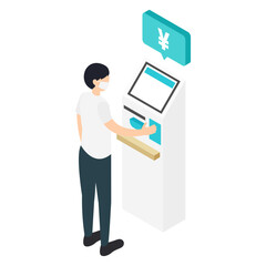 精算機で支払いをするマスクをした男性