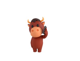 Little Bull character holding smartphone near ear in 3d rendering.