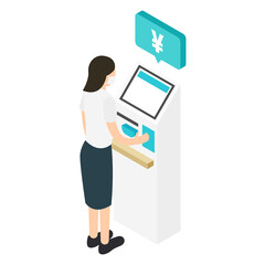 精算機で支払いをするマスクをした女性