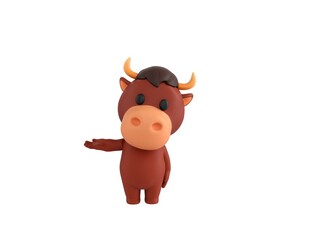 Little Bull character looking to camera and pointing hand to the side in 3d rendering.