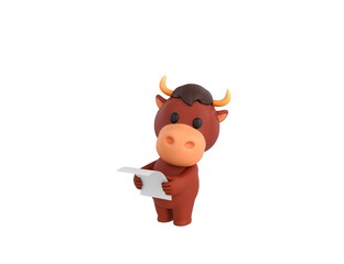 Little Bull character reading paper and looking to camera in 3d rendering.