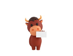 Little Bull character holding white card in 3d rendering.