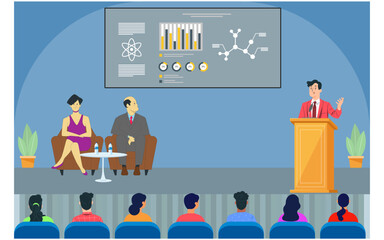 Businessman addressing with audience about new business in conference room and chief guests listening their presentation. Vector illustration. 