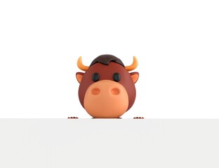 Little Bull character standing behind the big white blank banner  in 3d rendering.
