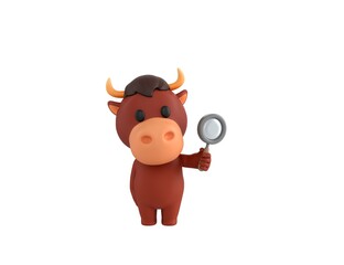 Little Bull character holding magnifying glass in 3d rendering.