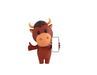 Little Bull character show his phone and give thumb up in 3d rendering.