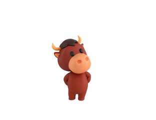 Little Bull character hides hands behind back and look up in 3d rendering.