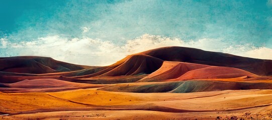 Fototapeta na wymiar Sahara desert dunes, arid dry landscape. desolate, unexplored. Beautifully minimalistic curves and flowing sand waves - oil pastel stylized panoramic art background.