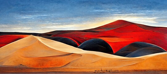 Fototapeta na wymiar Red desert dunes, arid dry landscape. desolate, unexplored - sand brown and deep saturated blue sky with a hint of clouds, Oil pastel stylized panoramic art background.