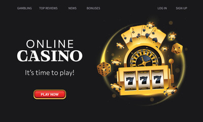 Golden winning slot machine, playing cards, roulette wheel, poker chips and dices homepage