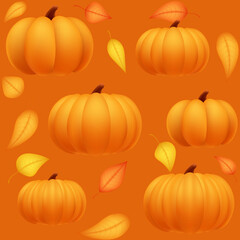 Autumn seamless pattern background with pumpkins and leaves. Orange realistic vegetable for Thanksgiving or Halloween. Fall harvest festival. Vector illustration texture template for print.