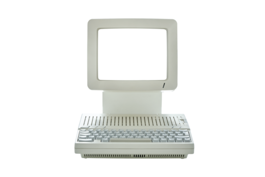 Vintage desktop computer with blank monitor screen isolated