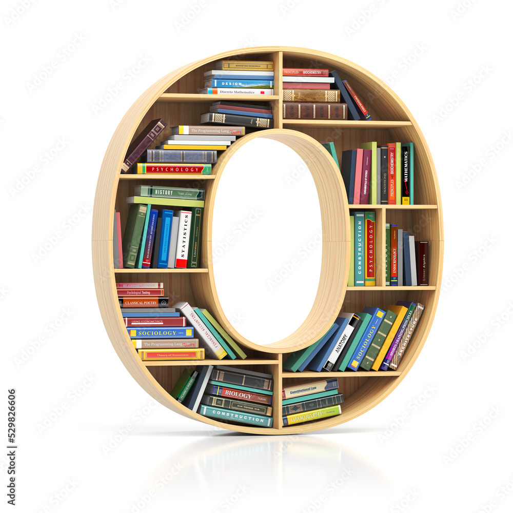 Poster Letter O in form of bookshelf with book and texbooks. Educational and learning conceptual font and alphabet.