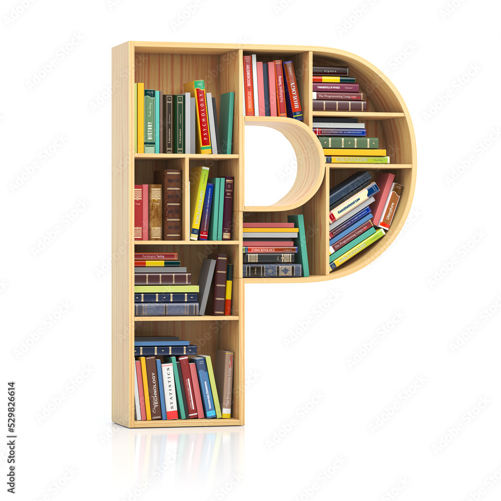 Poster Letter P in form of bookshelf with book and texbooks. Educational and learning conceptual font and alphabet.