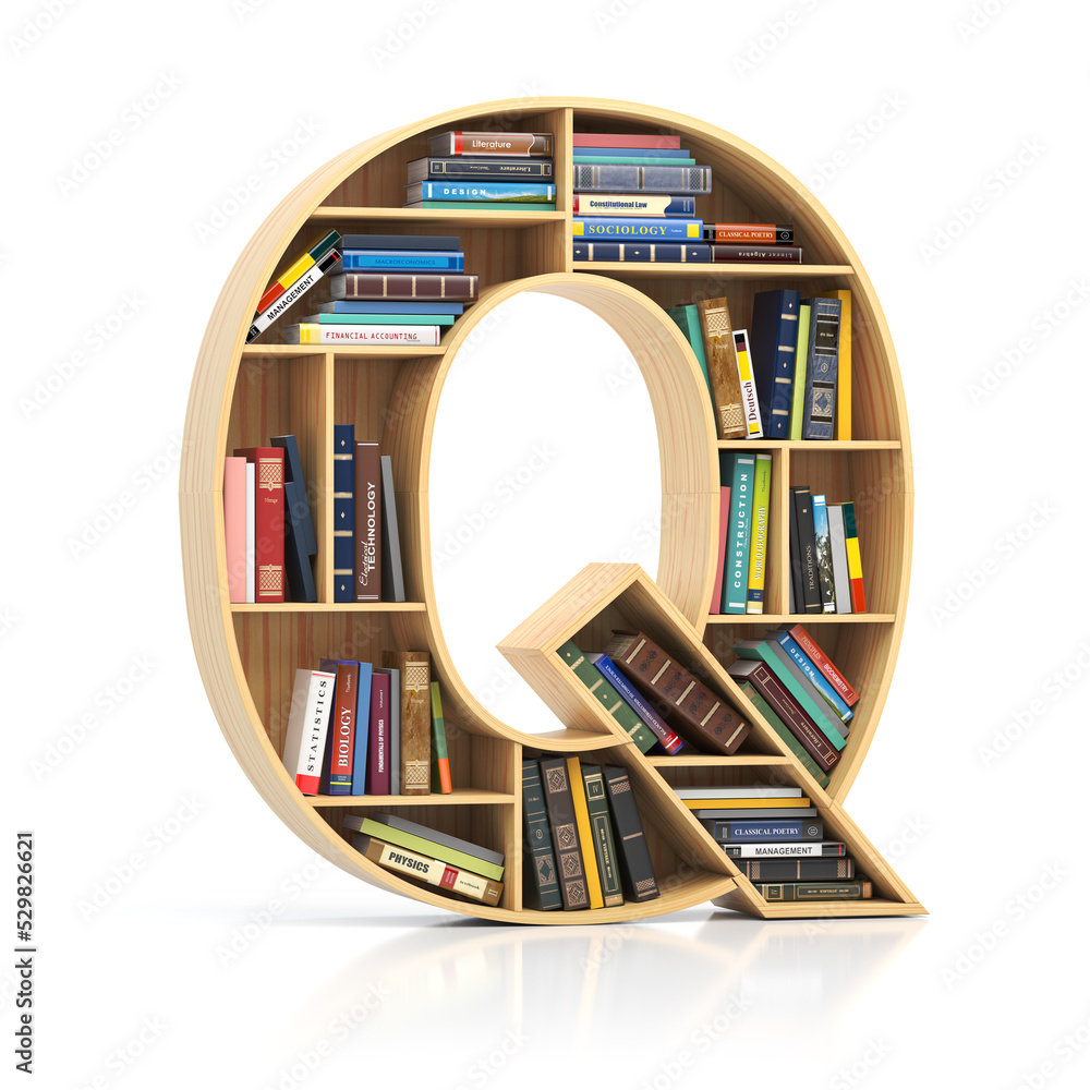 Poster Letter Q in form of bookshelf with book and texbooks. Educational and learning conceptual font and alphabet.
