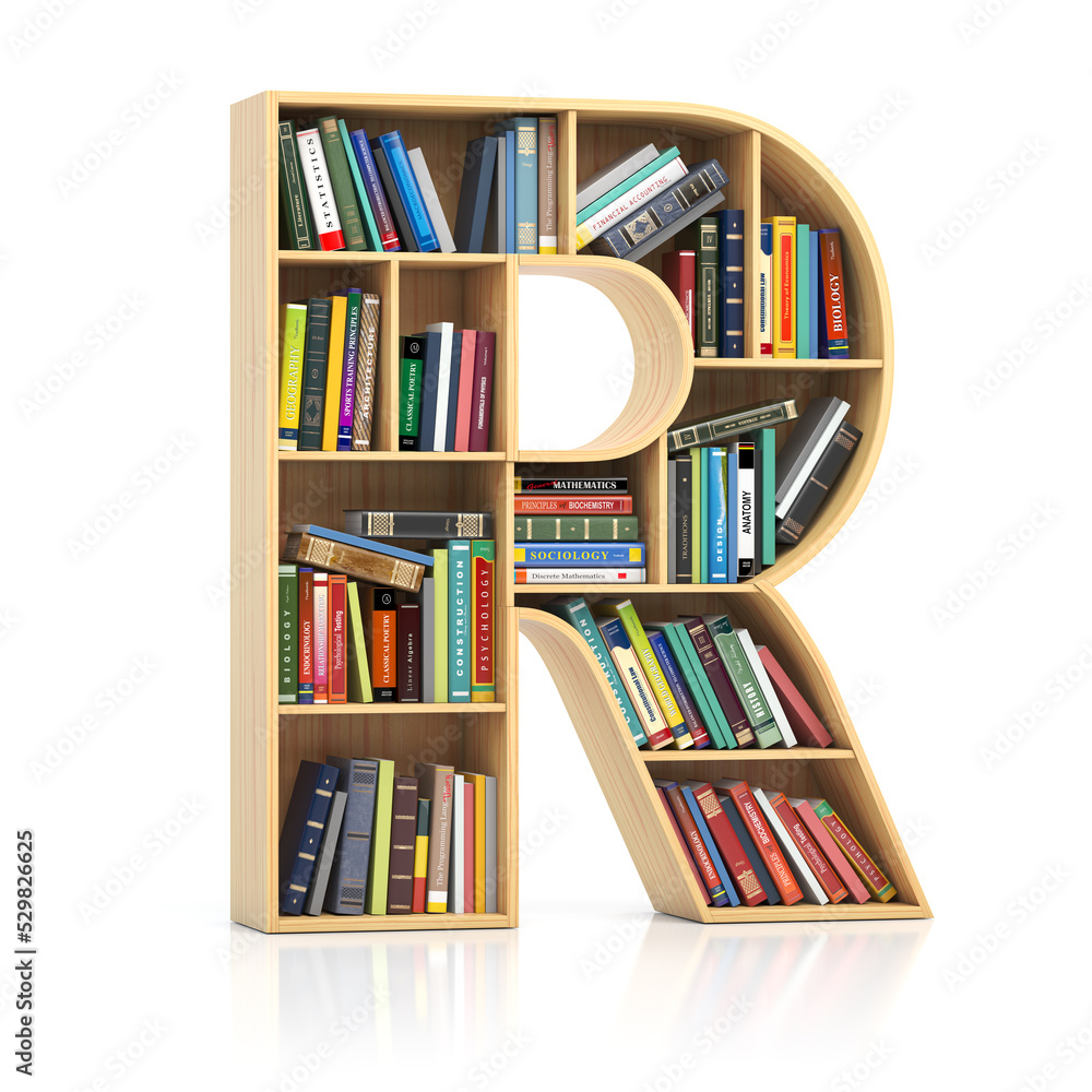 Poster Letter R in form of bookshelf with book and texbooks. Educational and learning conceptual font and alphabet.