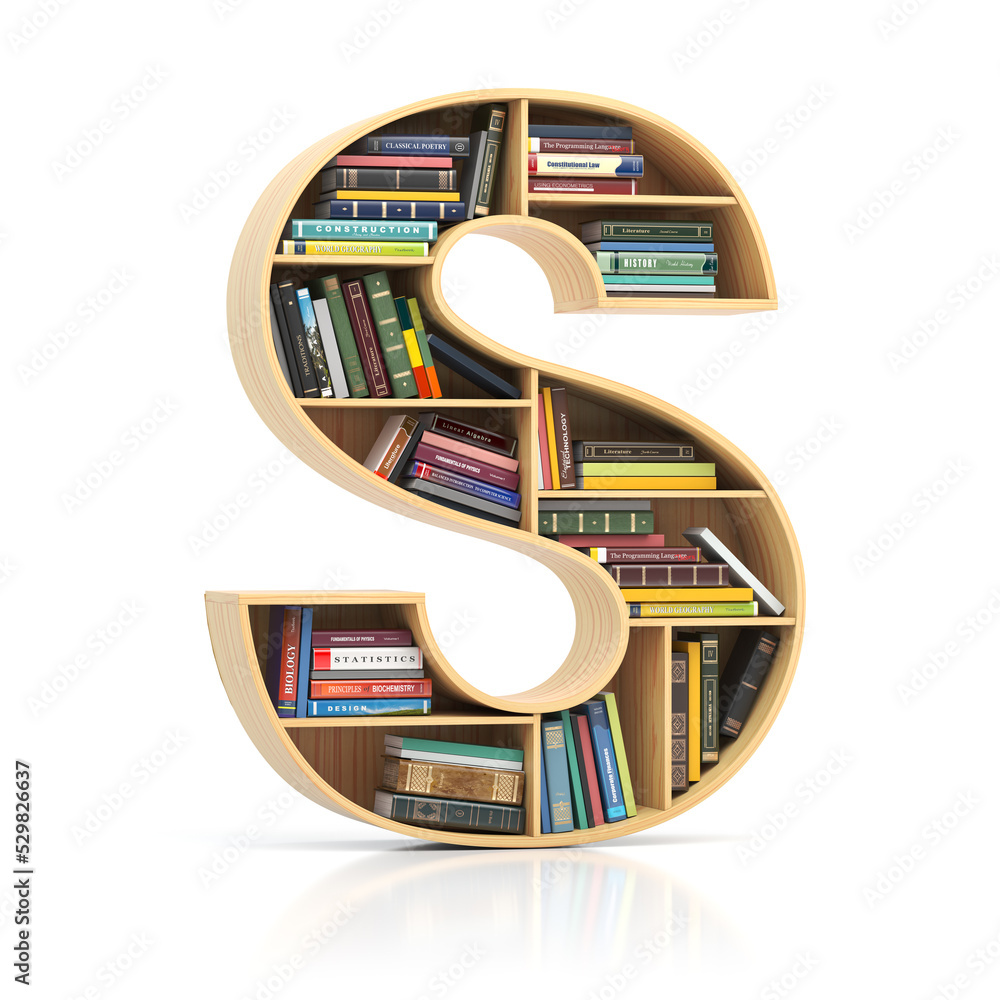 Aufkleber Letter S in form of bookshelf with book and texbooks. Educational and learning conceptual font and alphabet.
