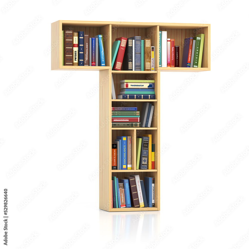 Poster Letter T in form of bookshelf with book and texbooks. Educational and learning conceptual font and alphabet.