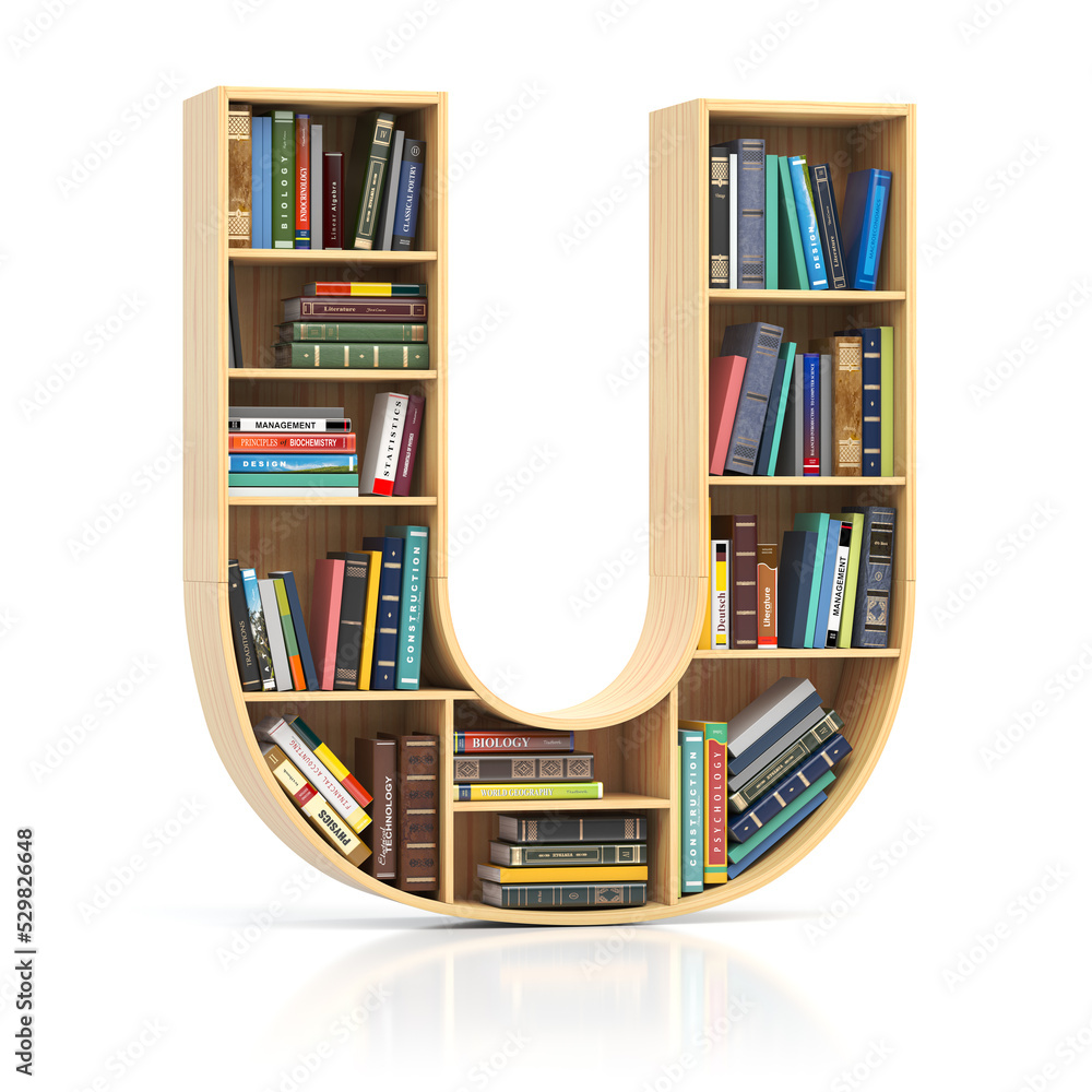 Poster Letter U in form of bookshelf with book and texbooks. Educational and learning conceptual font and alphabet.