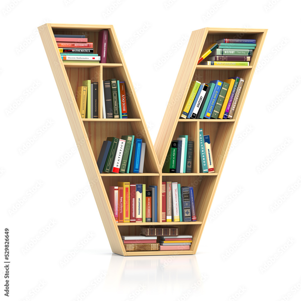 Poster Letter V in form of bookshelf with book and texbooks. Educational and learning conceptual font and alphabet.