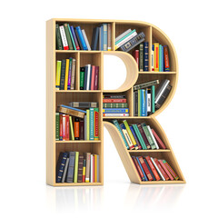 Letter R in form of bookshelf with book and texbooks. Educational and learning conceptual font and alphabet.