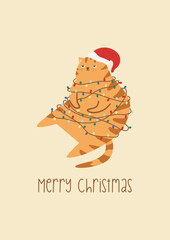 Vector New Year card. Cute disgruntled ginger cat. The cat is tangled in a Christmas garland. Fat cat in a Santa Claus hat 