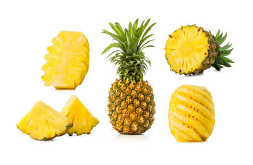 Fototapeta na wymiar set of whole and sliced pineapple on white background.