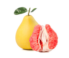 red pomelo citrus fruit with leaves on white.