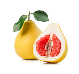 fresh pomelo fruits half cut and whole on white background.