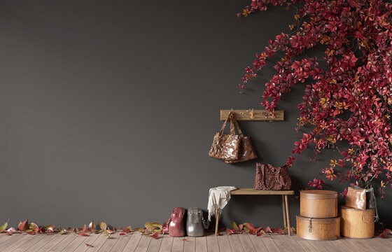 Partial design of the hall, places for undressing. Wooden floor, dark gray wall-background with plants, a bench, a hanger for clothes and things. 3d rendering